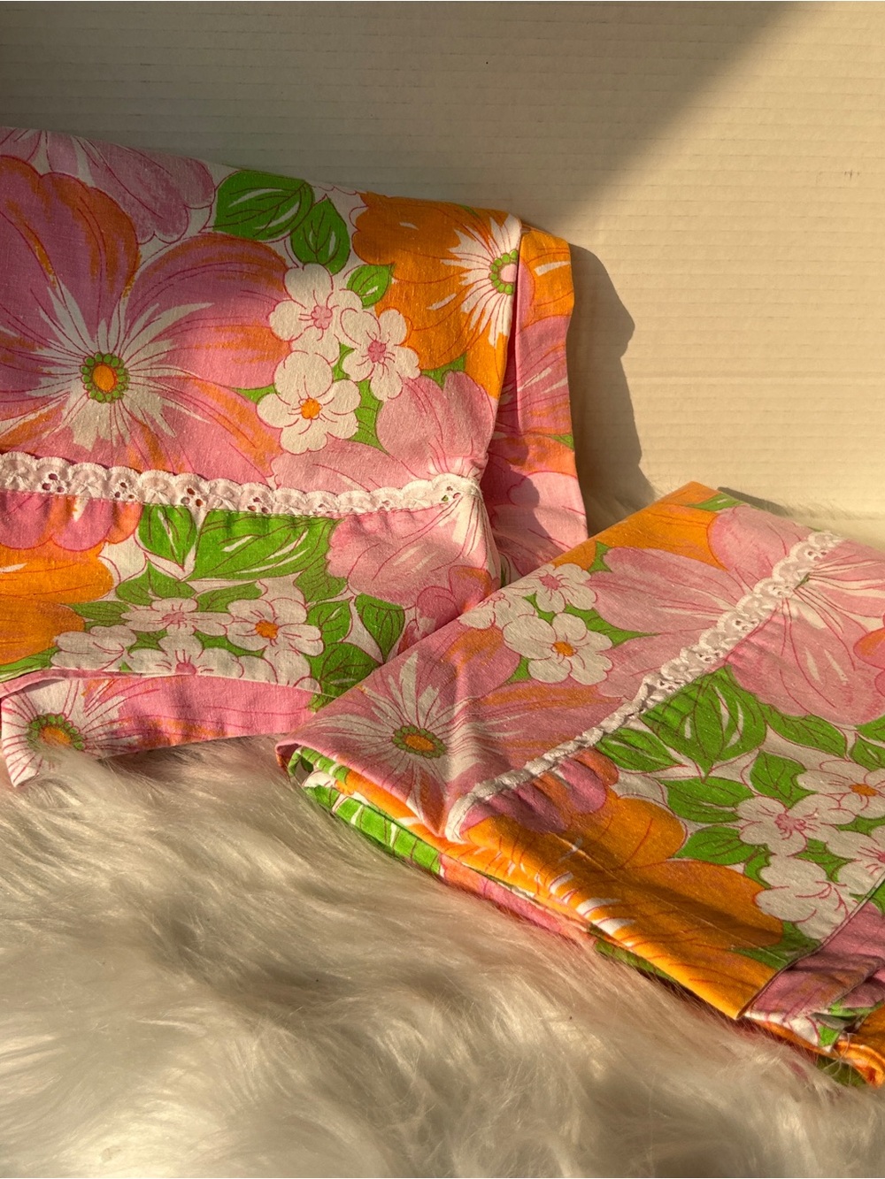 Vintage Wabasso  Floral Pink & Orange Decorative Pillowcases with Lace Trim